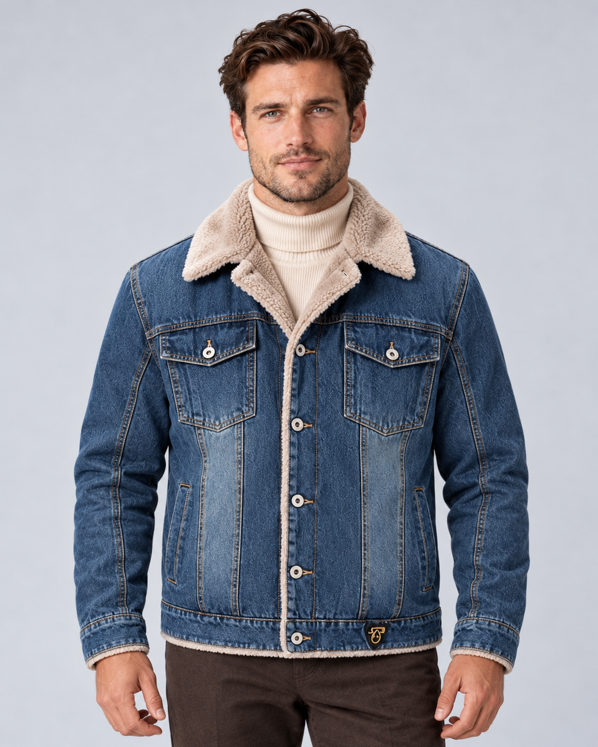 Men’s sherpa-lined denim trucker jacket in dark blue, front hero, on studio model