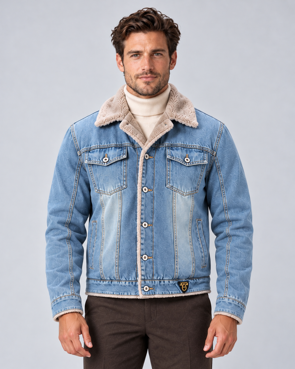 Men’s sherpa-lined denim trucker jacket in light blue, front hero, on studio model