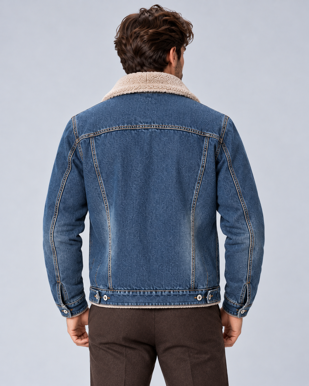 Men’s sherpa-lined denim trucker jacket in dark blue, rear view, on studio model