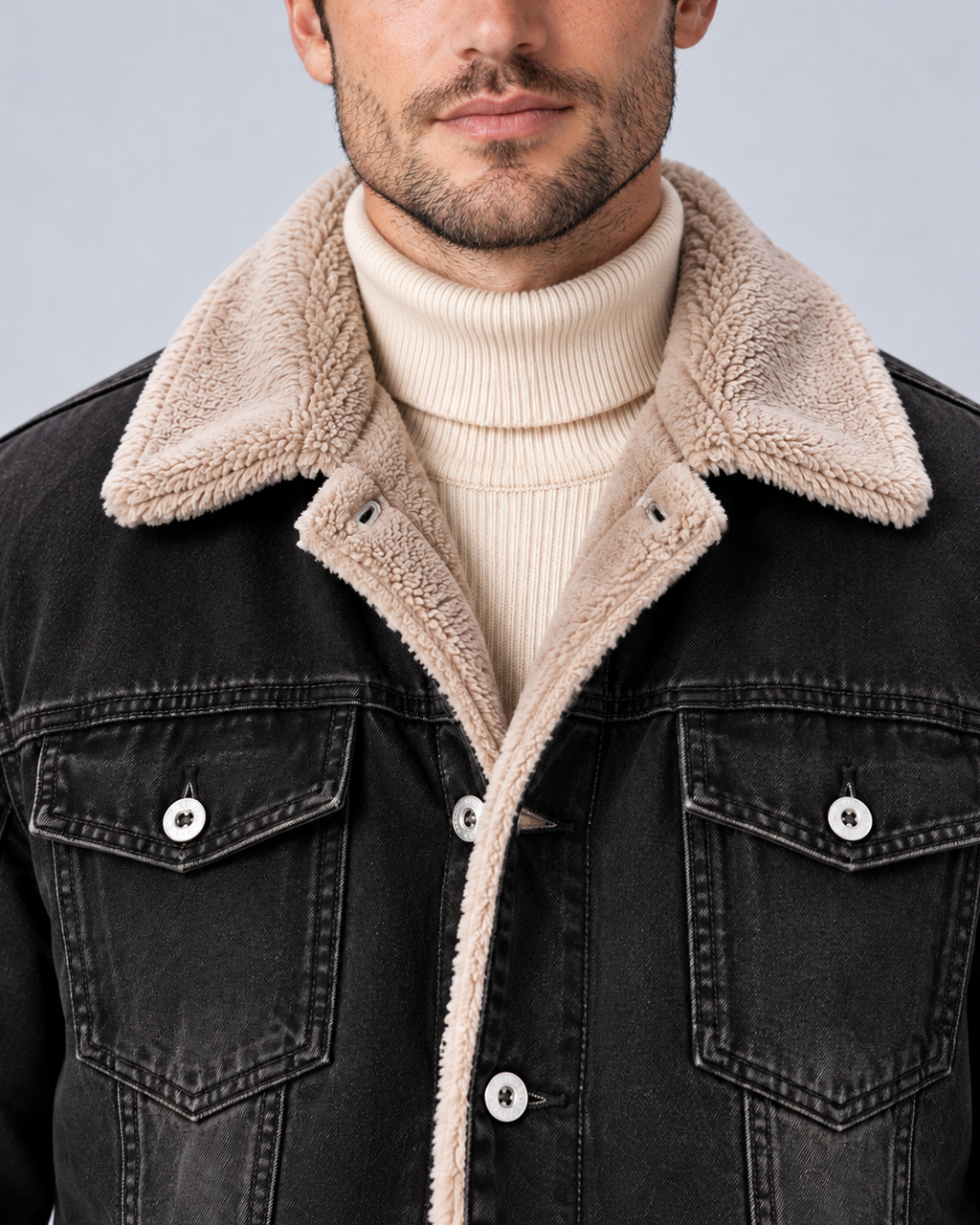 Men’s sherpa-lined denim trucker jacket in black, sherpa collar and chest pocket detail, on studio model