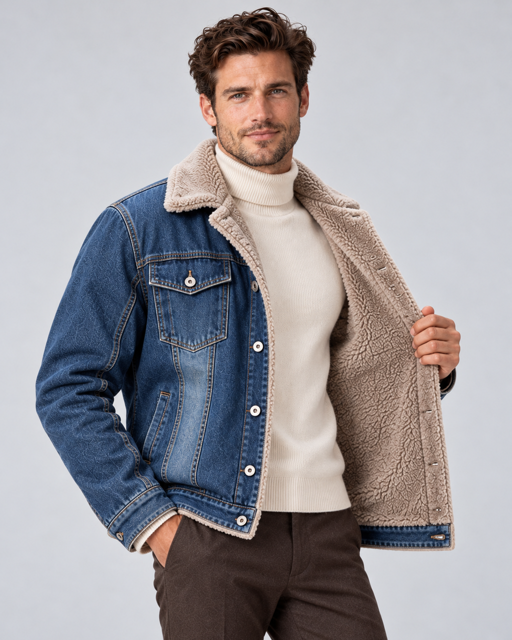 Men’s sherpa-lined denim trucker jacket in dark blue, open sherpa lining view, on studio model
