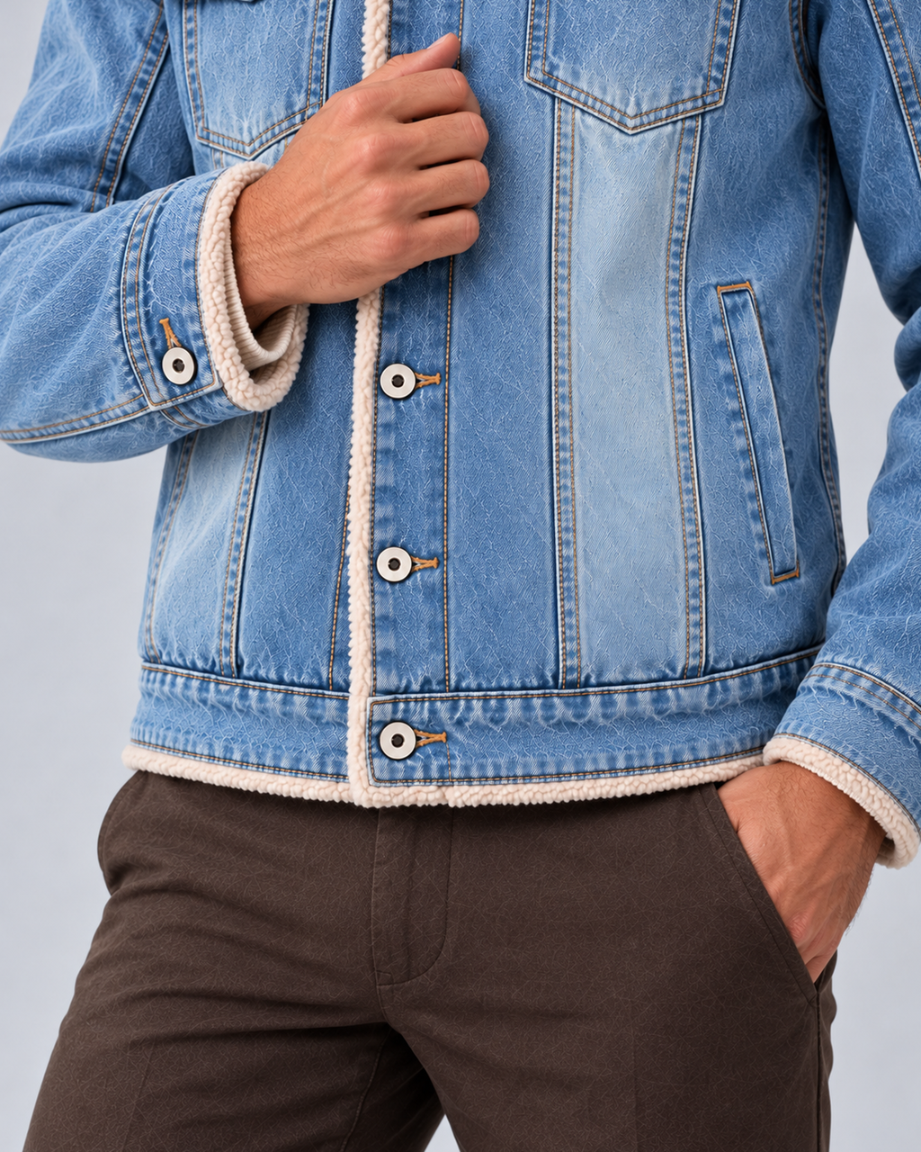 Men’s sherpa-lined denim trucker jacket in light blue, cuff, placket and hem detail, on studio model