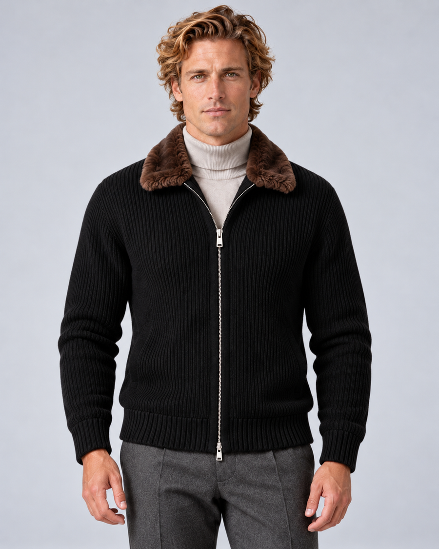 Men's faux-fur collar ribbed-knit zip cardigan in black, front hero, photographed in a grey studio