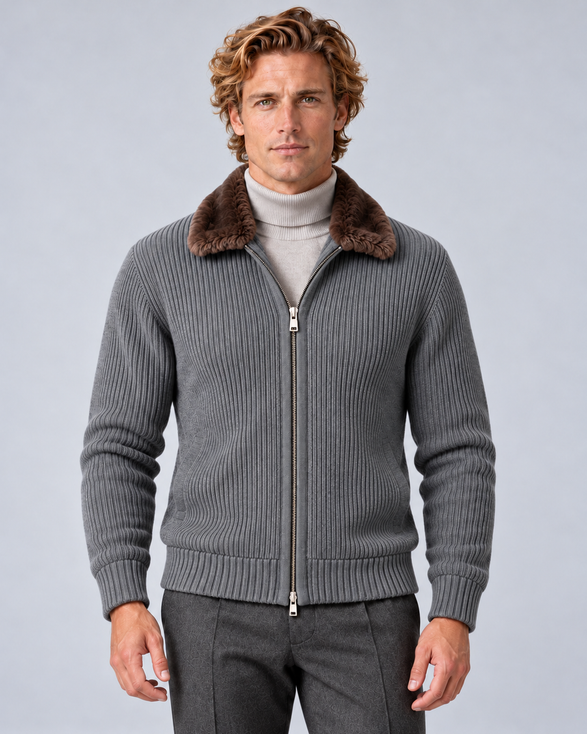 Men's faux-fur collar ribbed-knit zip cardigan in grey, front hero, photographed in a grey studio