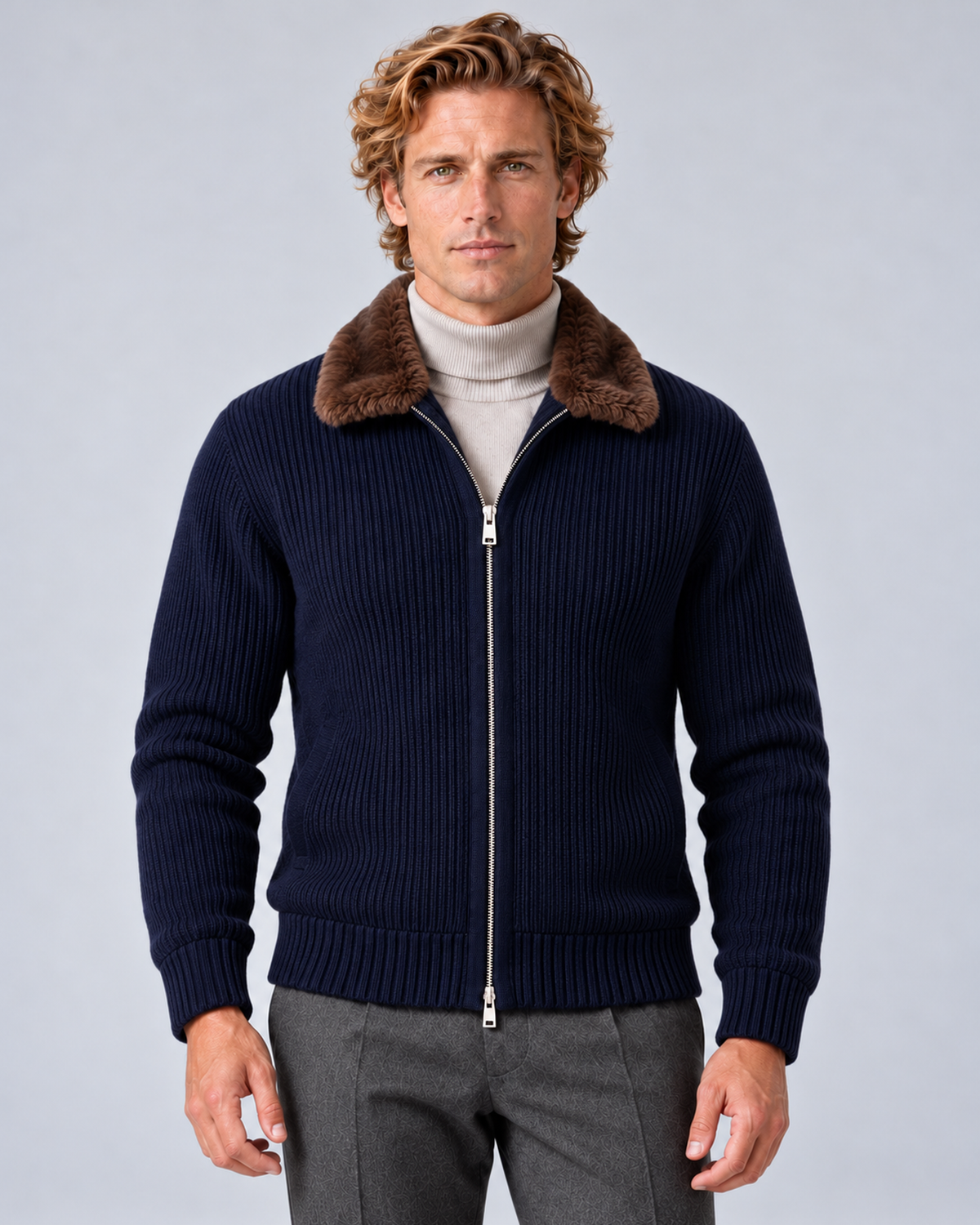 Men's faux-fur collar ribbed-knit zip cardigan in navy, front hero, photographed in a grey studio