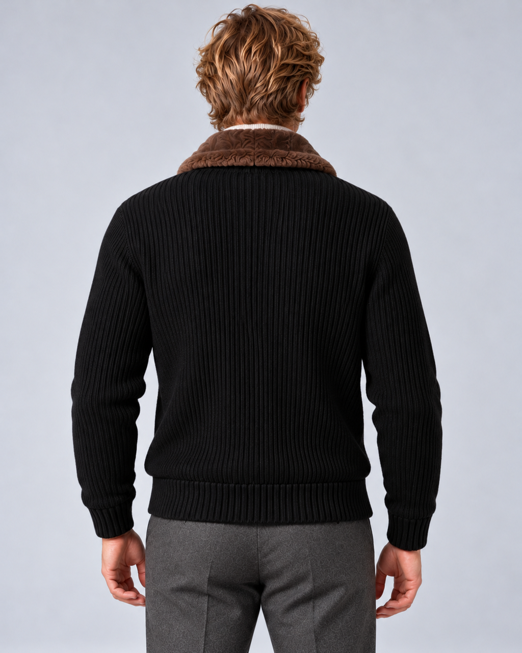 Men's faux-fur collar ribbed-knit zip cardigan in black, rear, photographed in a grey studio