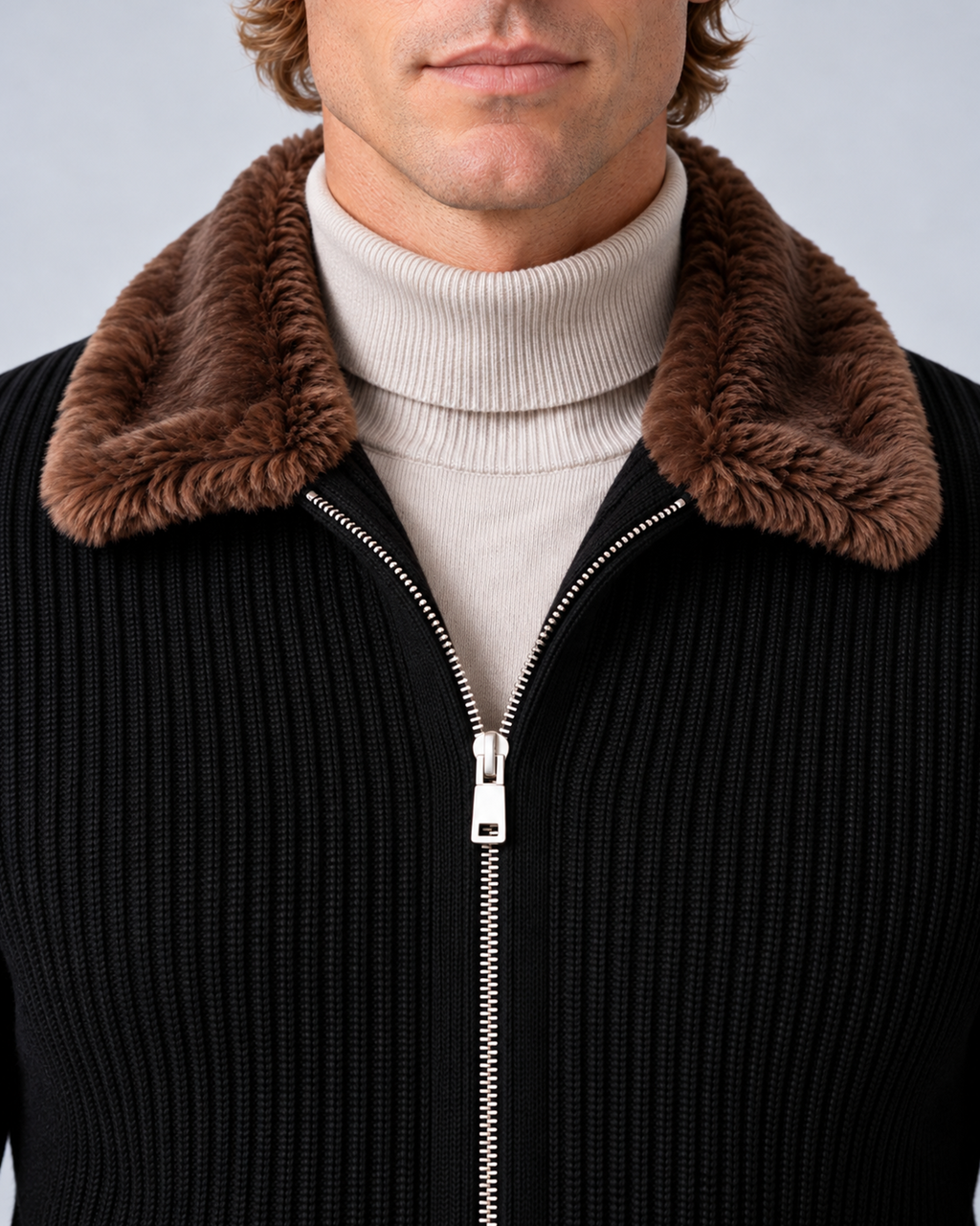 Men's faux-fur collar ribbed-knit zip cardigan in black, collar and zipper detail, photographed in a grey studio