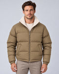 Olive Green men's reversible puffer jacket with stand collar, front view