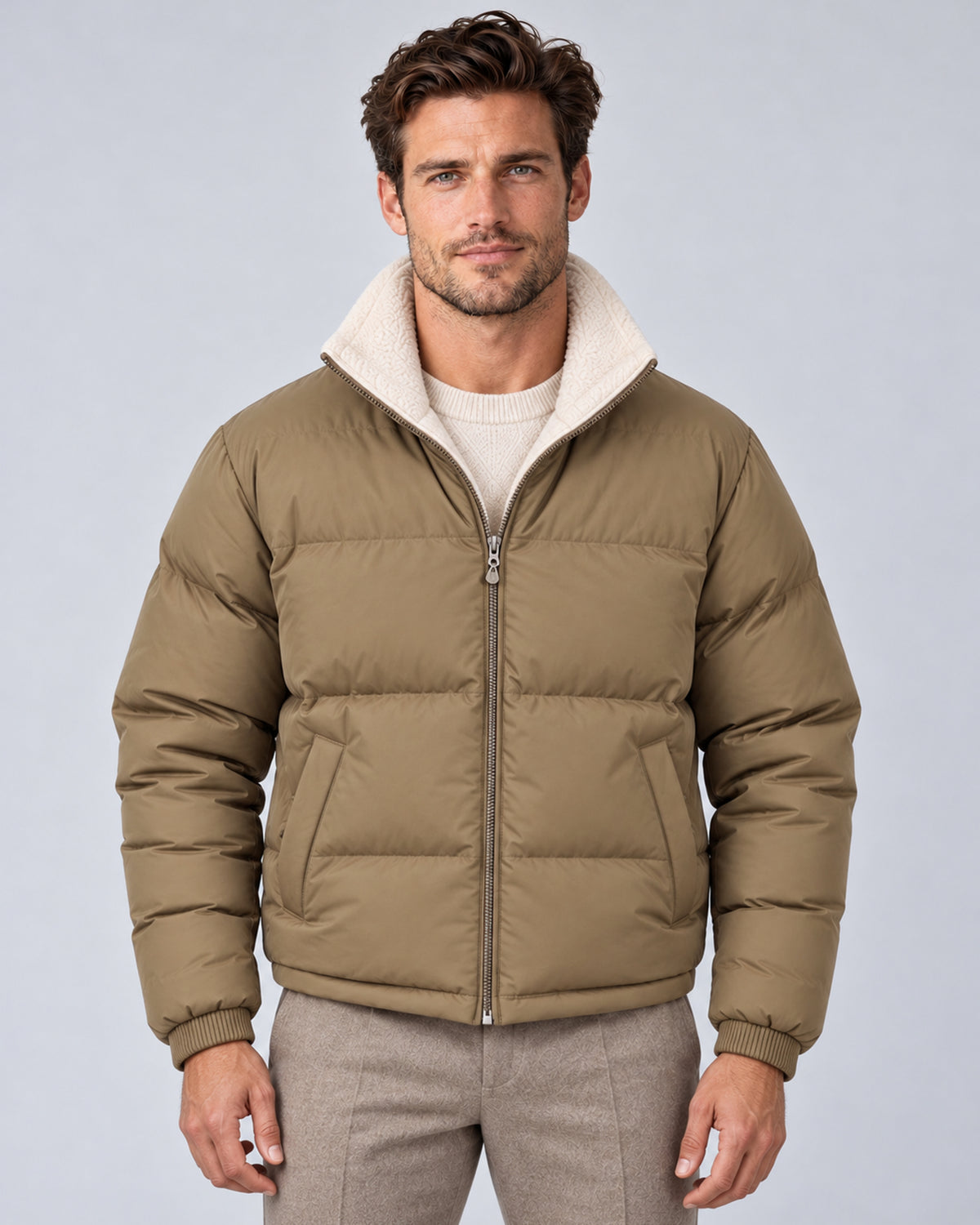 Olive Green men's reversible puffer jacket with stand collar, front view