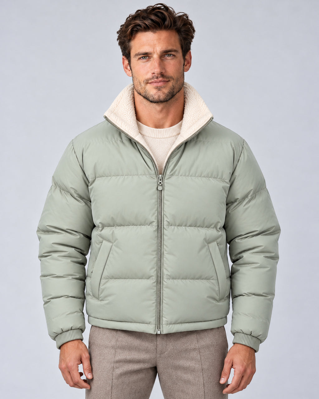 Sea Foam Green men's reversible puffer jacket with stand collar, front view