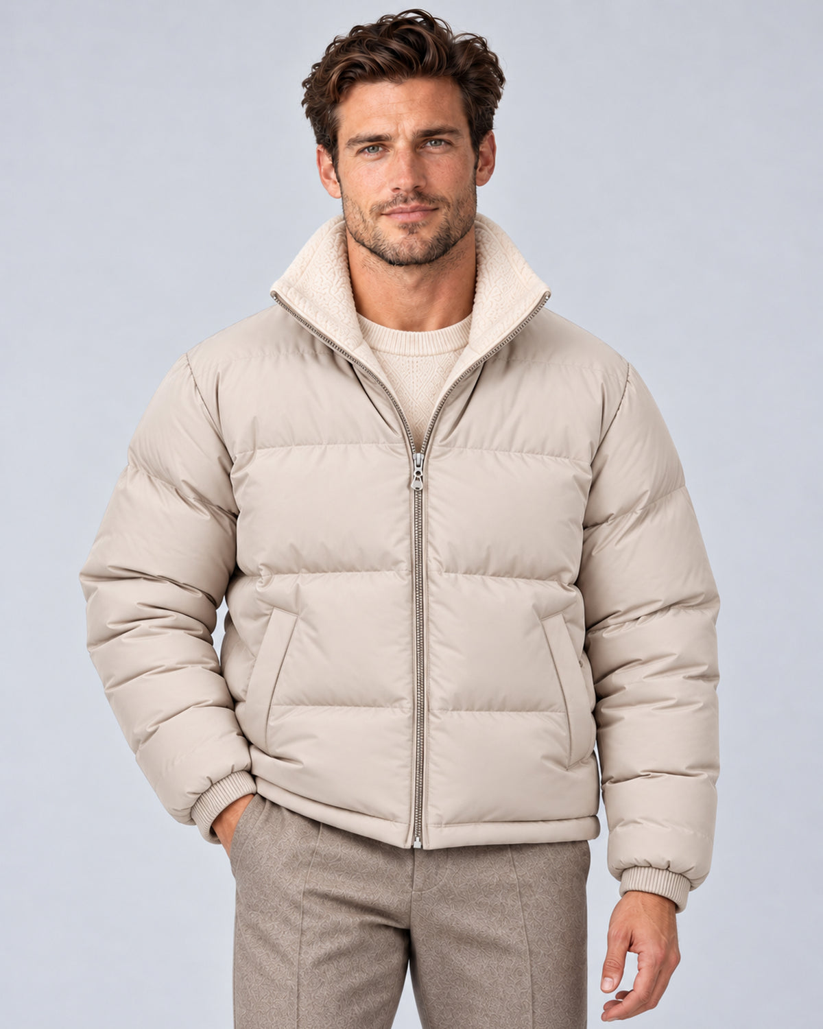 Khaki men's reversible puffer jacket with stand collar, front view