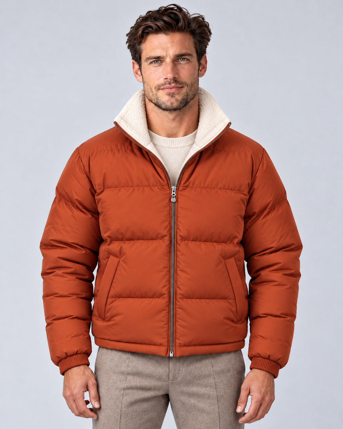 Burnt Sienna men's reversible puffer jacket with stand collar, front view