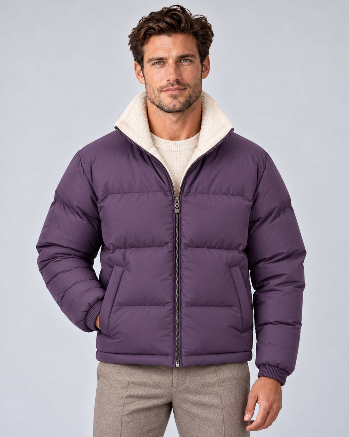 Purple men's reversible puffer jacket with stand collar, front view