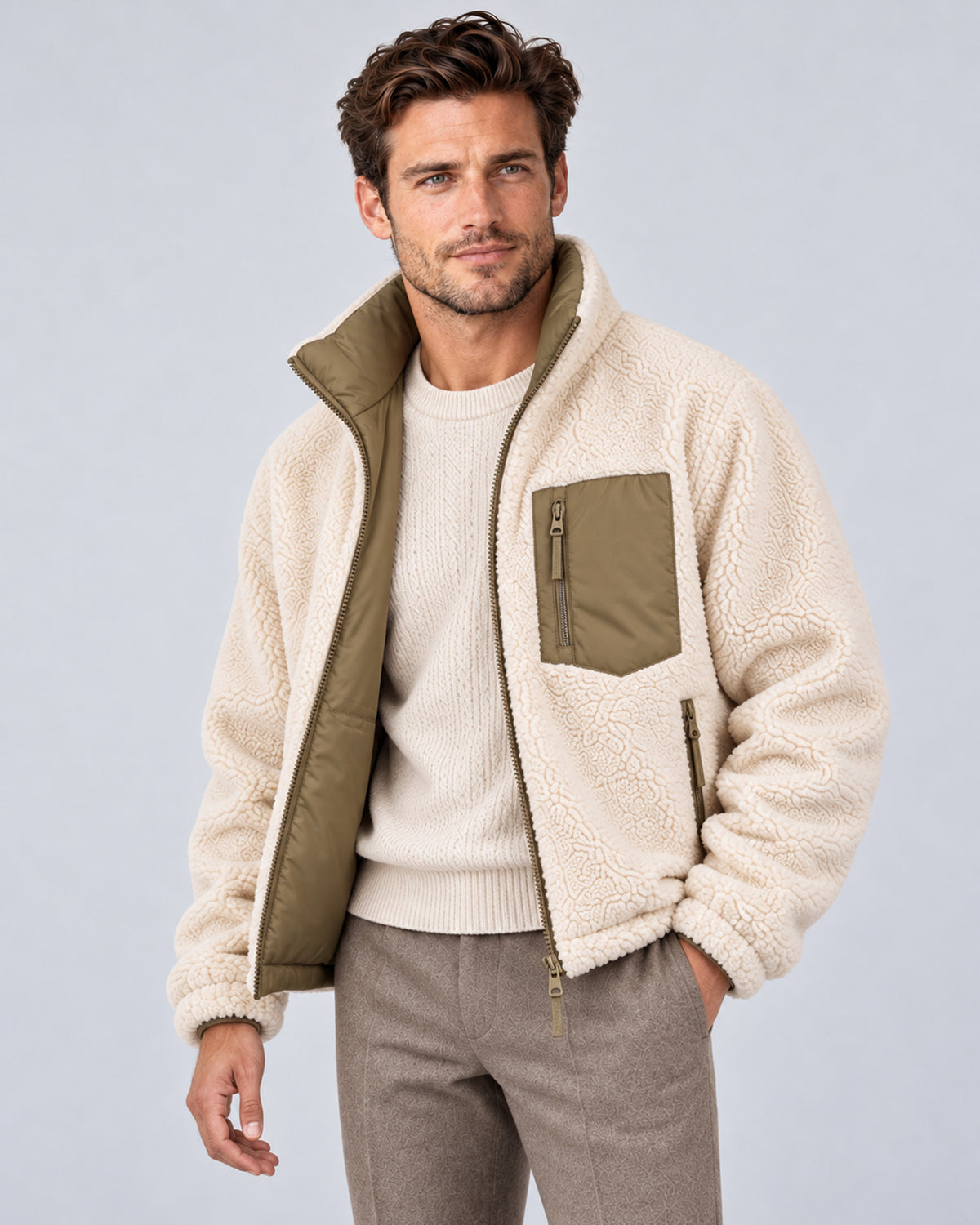 Olive Green reversible jacket worn with ivory sherpa side out, front three-quarter view