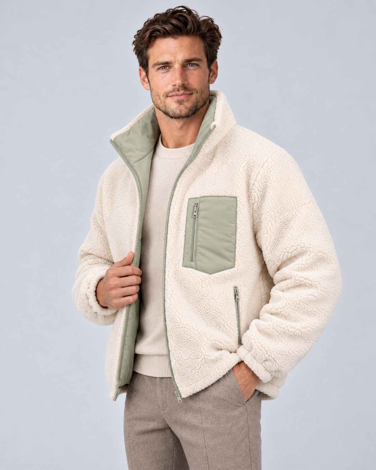 Sea Foam Green reversible jacket worn with ivory sherpa side out, front three-quarter view
