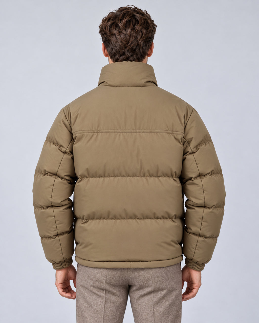 Olive Green reversible puffer jacket, back view
