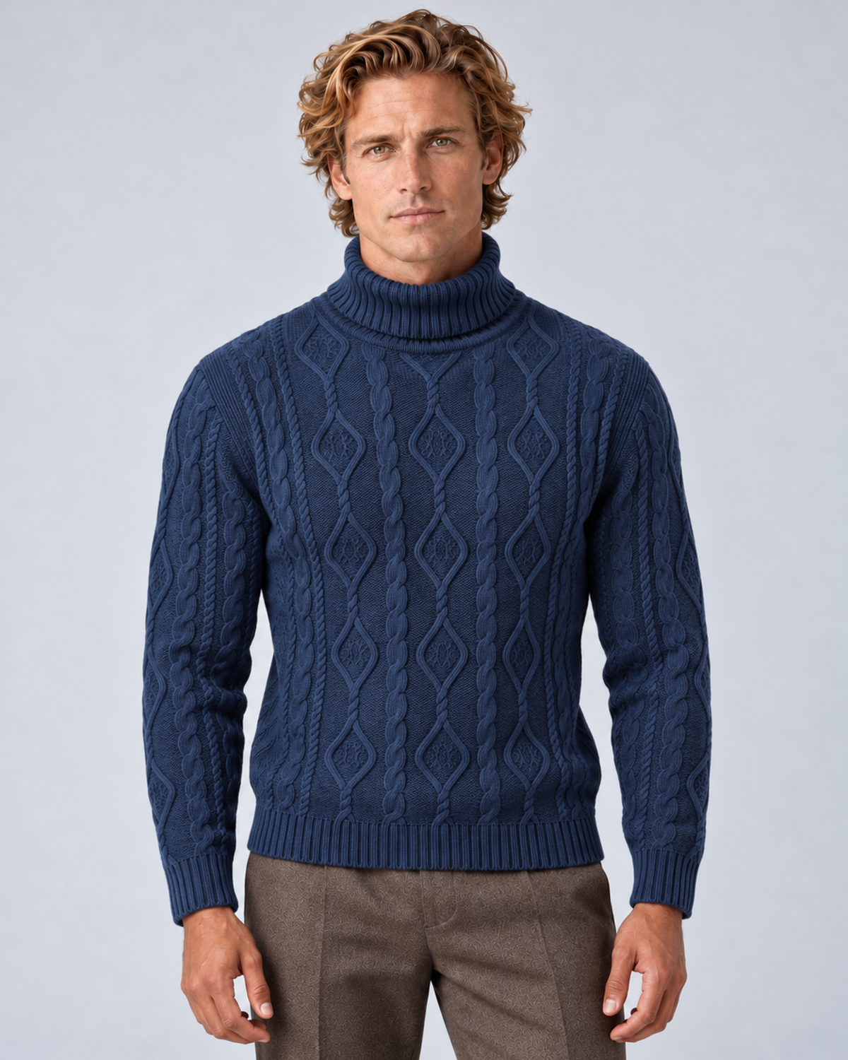 Men’s navy cable-knit turtleneck sweater, front view