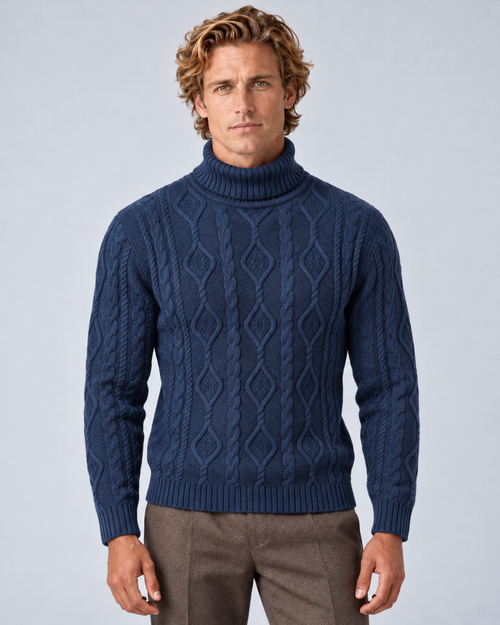 Men’s navy cable-knit turtleneck sweater, front view