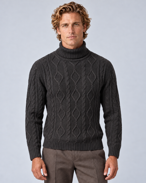 Men’s dark grey cable-knit turtleneck sweater, front view