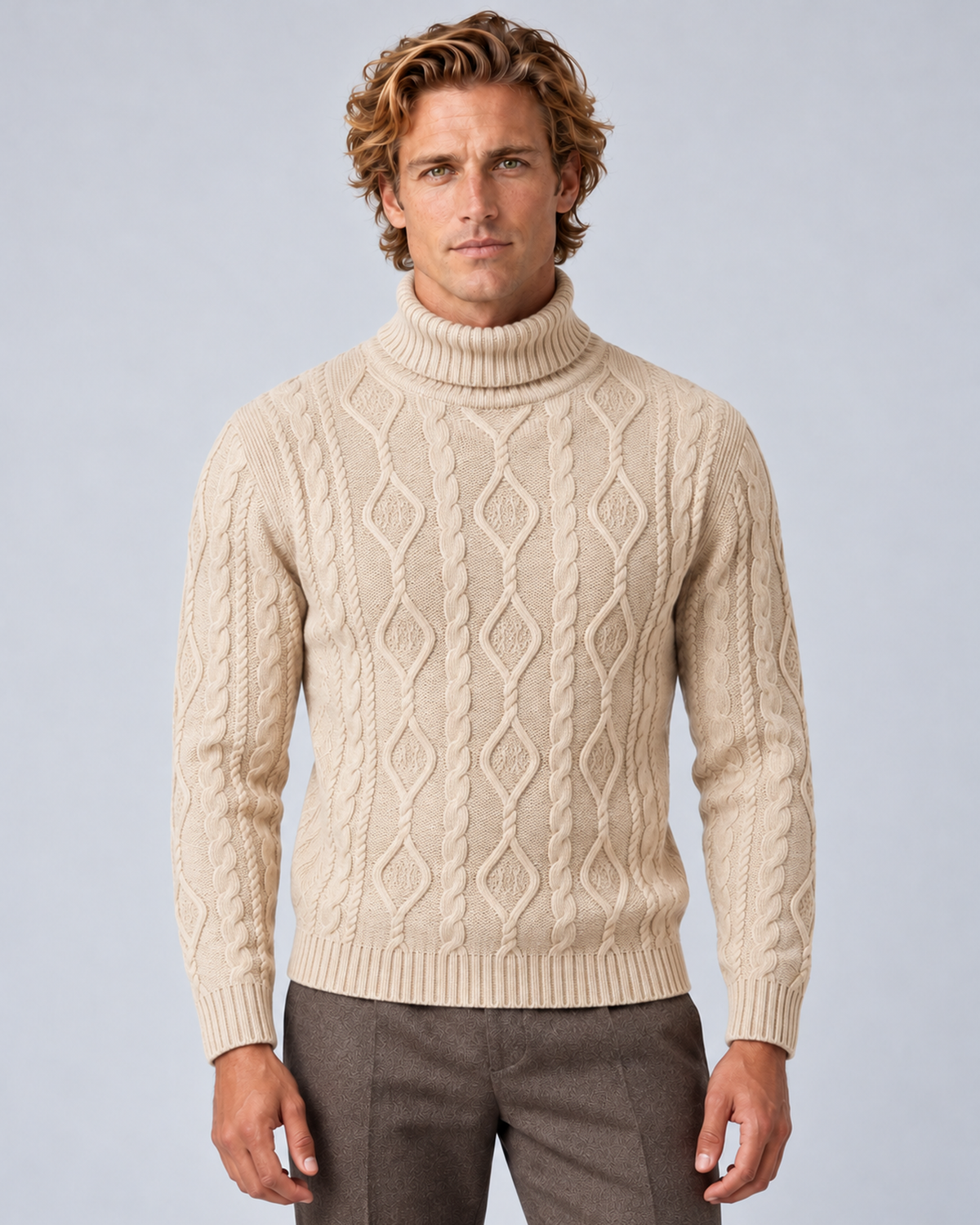Men’s beige cable-knit turtleneck sweater, front view