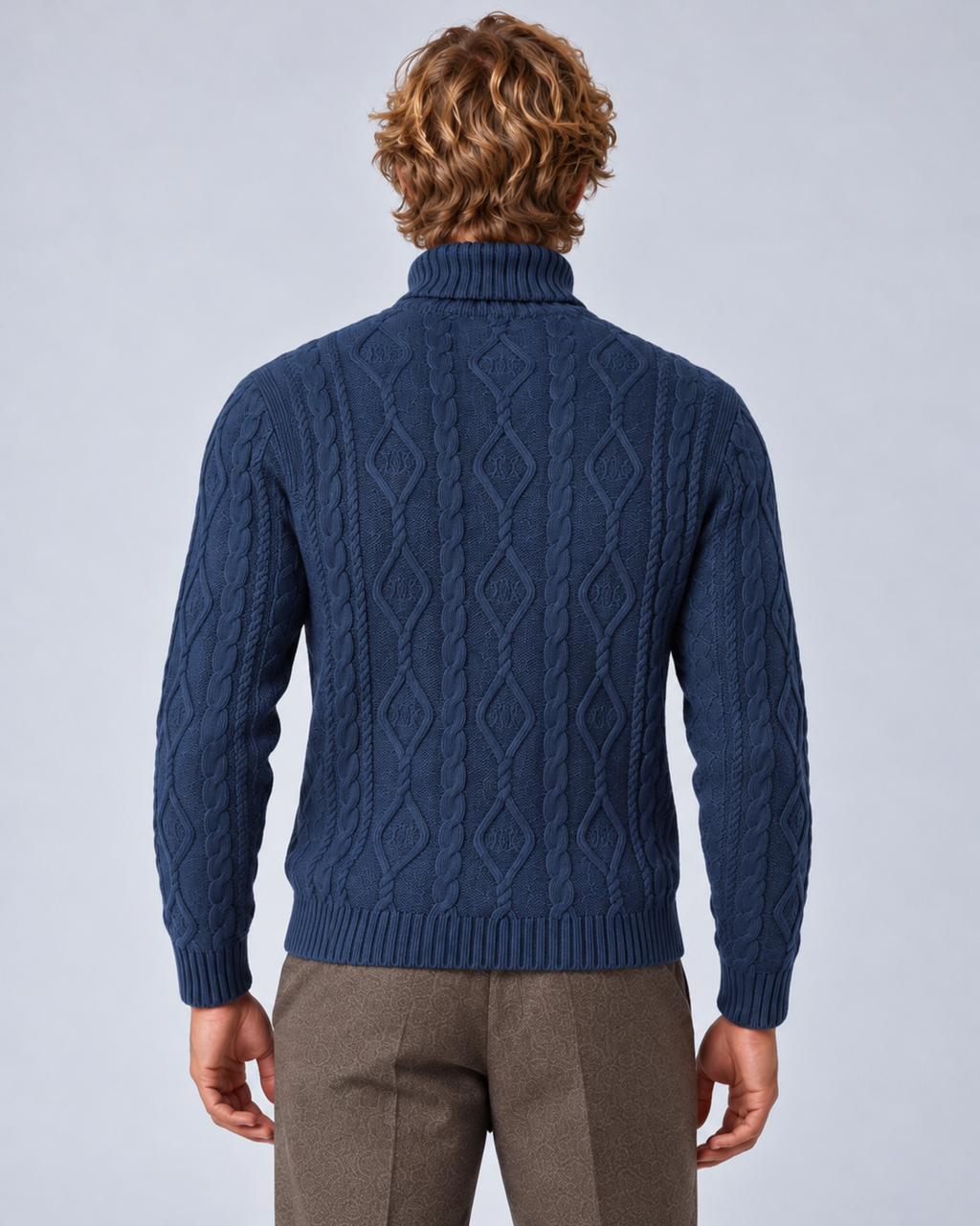 Men’s navy cable-knit turtleneck sweater, rear view
