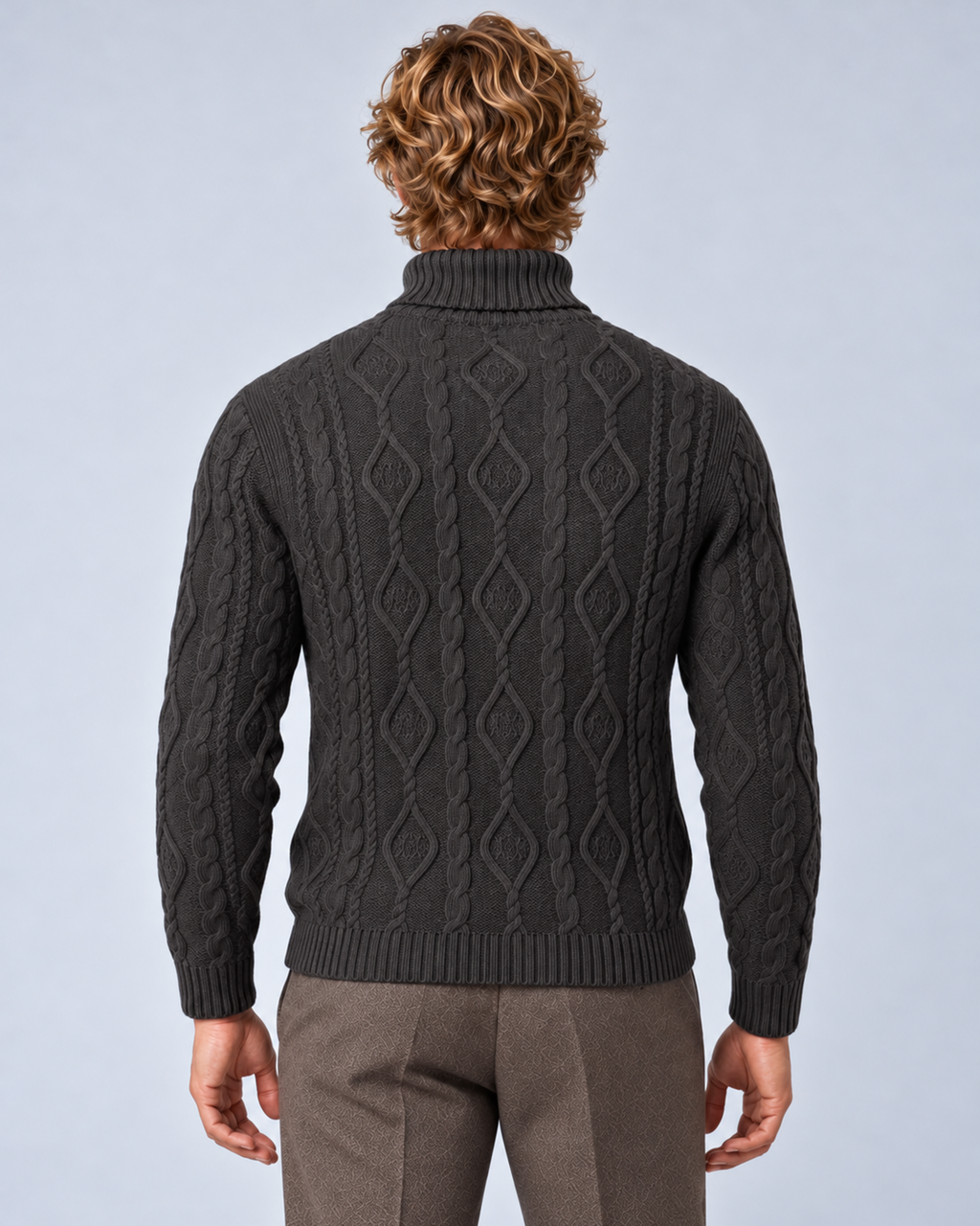 Men’s dark grey cable-knit turtleneck sweater, rear view