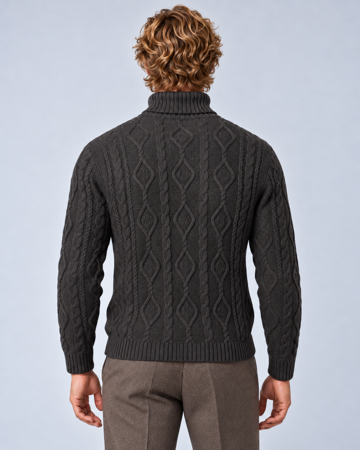 Men’s dark grey cable-knit turtleneck sweater, rear view