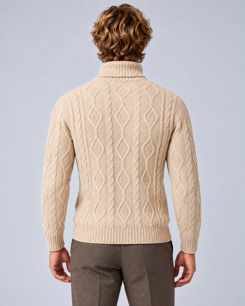 Men’s beige cable-knit turtleneck sweater, rear view