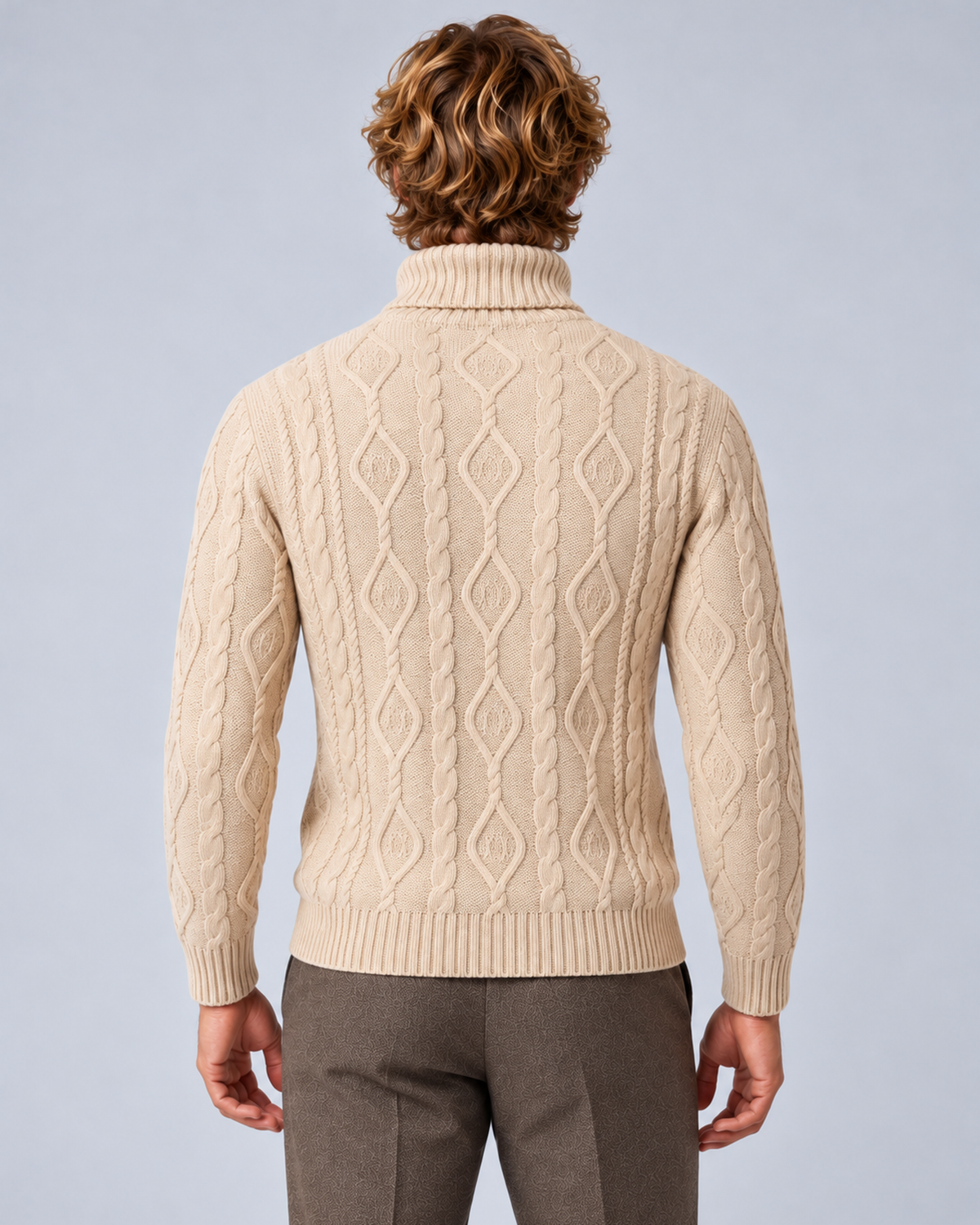 Men’s beige cable-knit turtleneck sweater, rear view