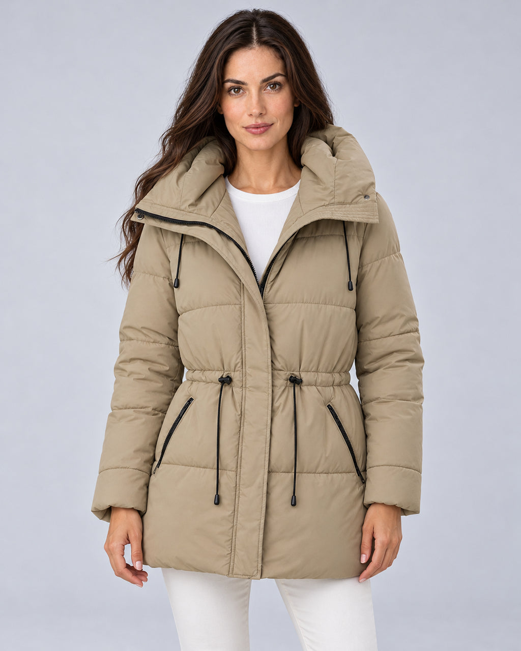 Women’s khaki padded hooded parka, front view on model.