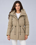 Women’s khaki padded hooded parka, front view on model.