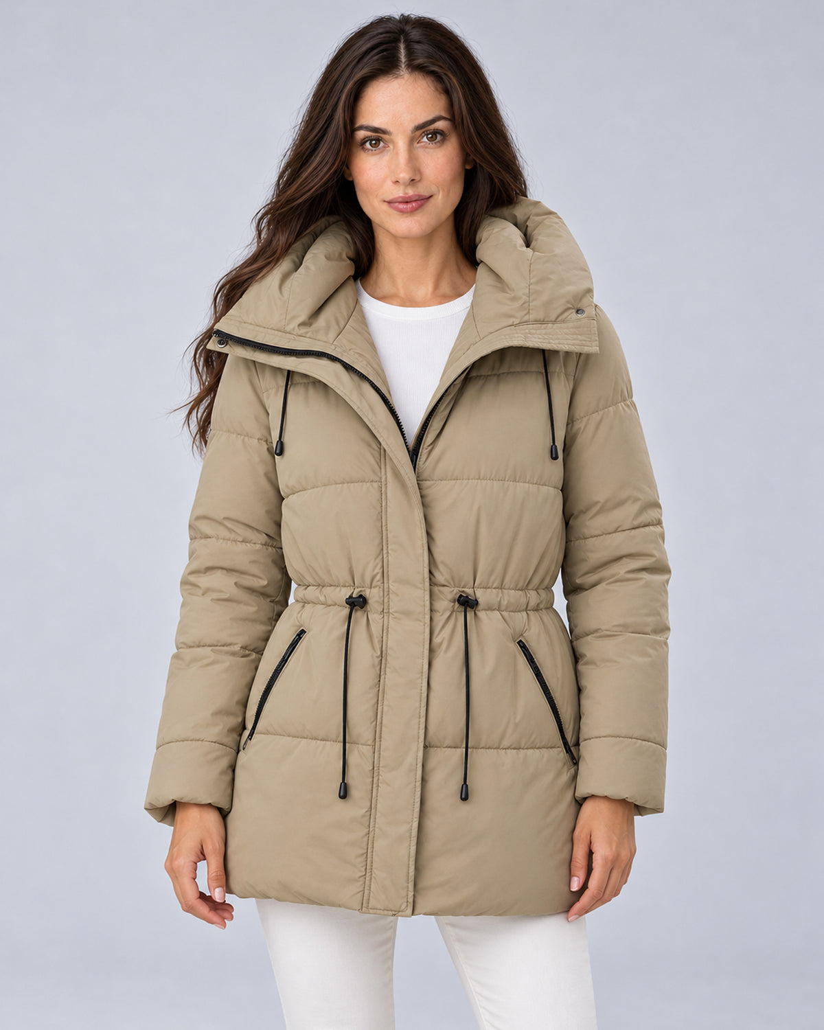 Women’s khaki padded hooded parka, front view on model.