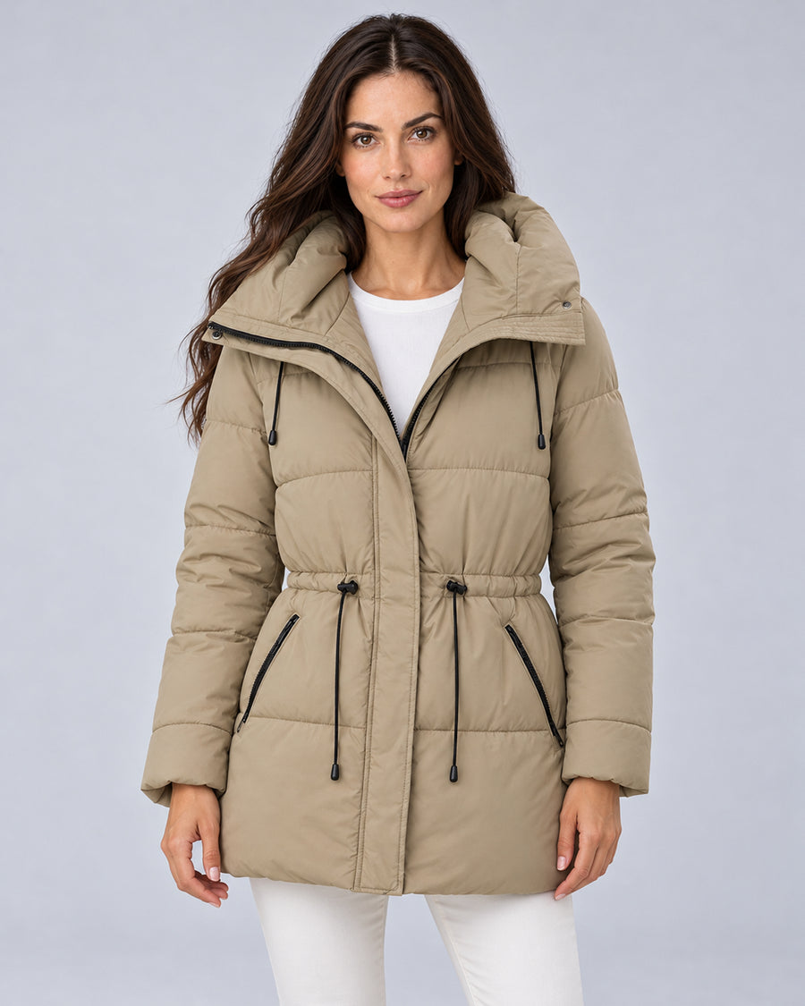 Women’s khaki padded hooded parka, front view on model.