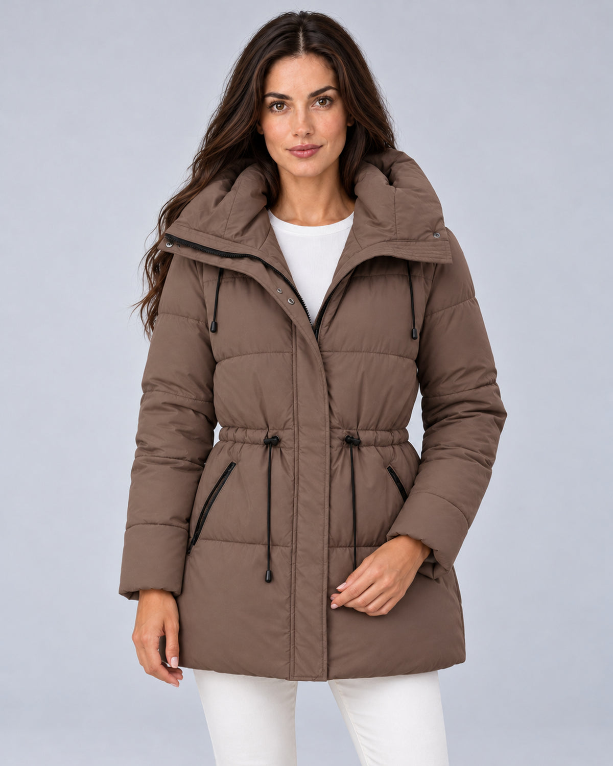 Women’s coffee brown padded hooded parka, front view on model.