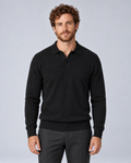 Black textured men's polo jumper with three-button placket, long sleeves, ribbed cuffs and hem, front view
