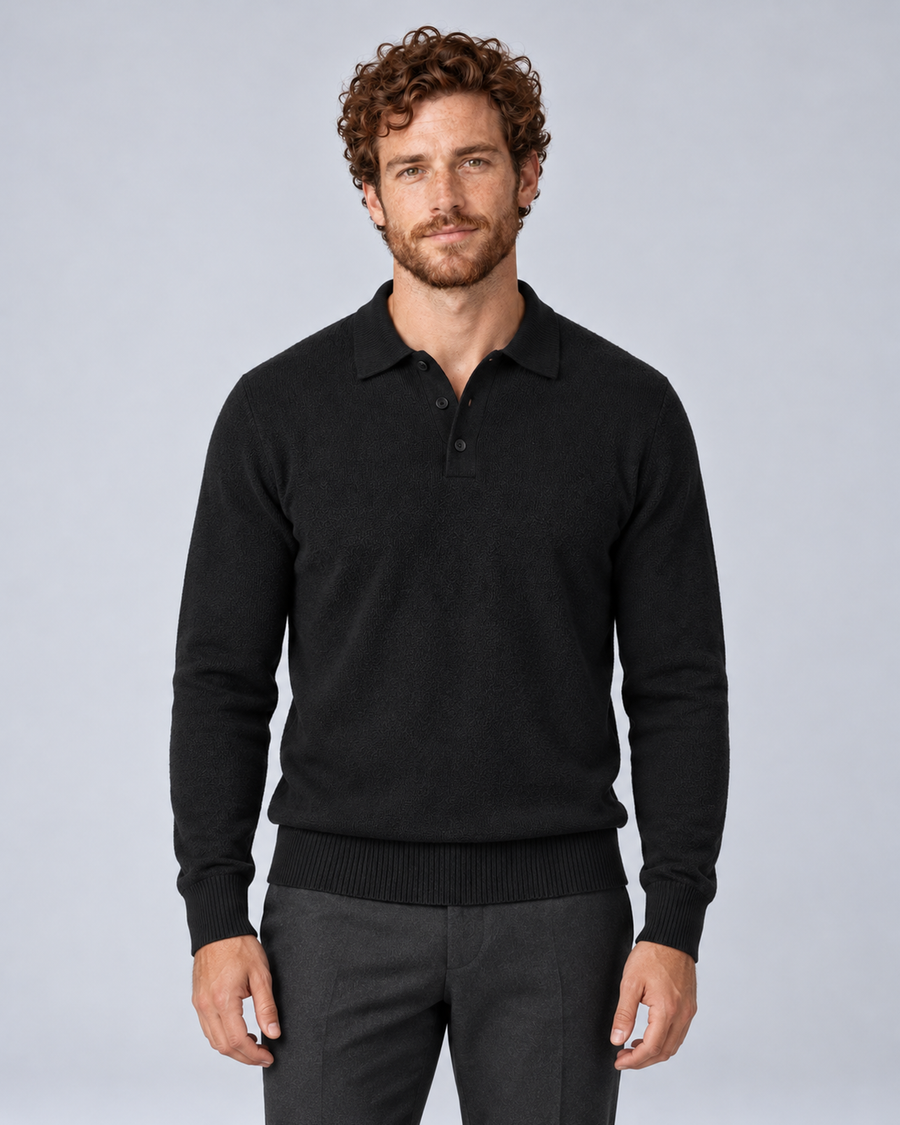 Black textured men's polo jumper with three-button placket, long sleeves, ribbed cuffs and hem, front view