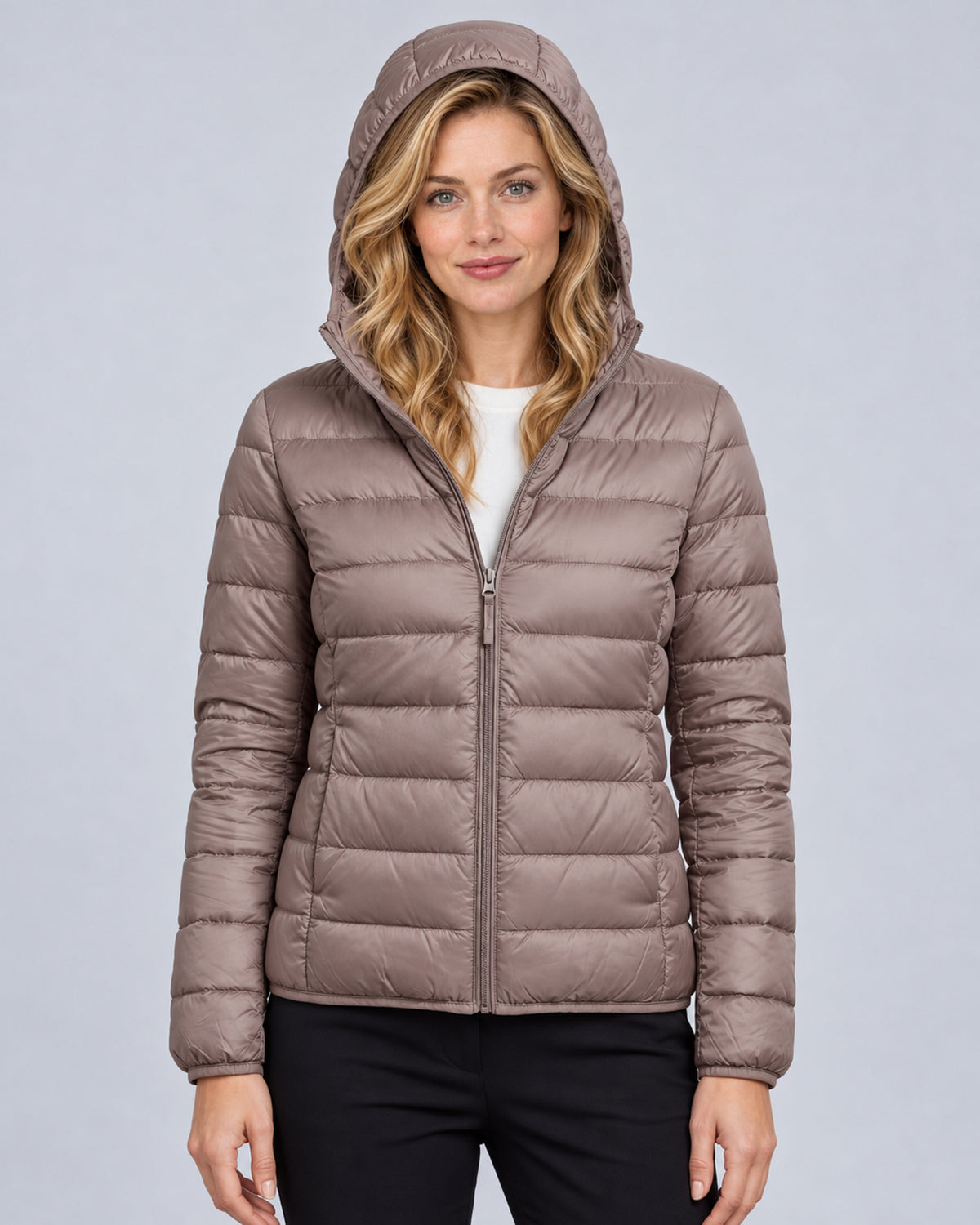 Champagne women's hooded quilted puffer jacket, front view with hood up