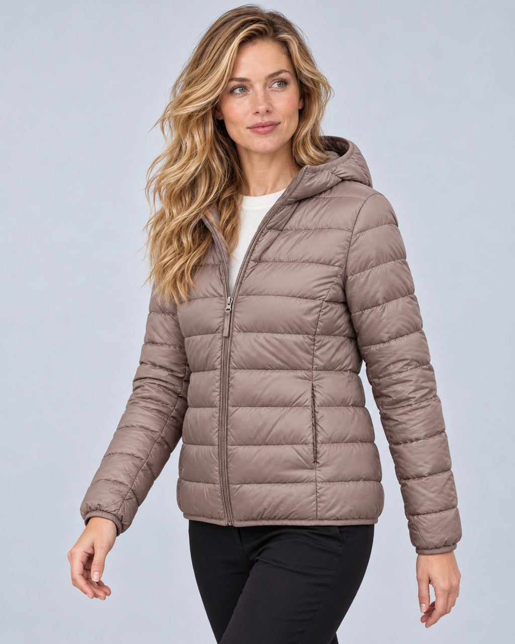 Champagne women's hooded quilted puffer jacket, three-quarter view with hood down