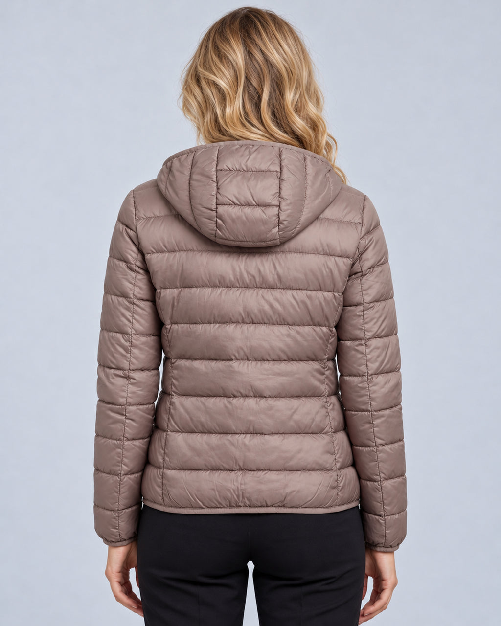 Champagne women's hooded quilted puffer jacket, back view showing hood and horizontal quilting