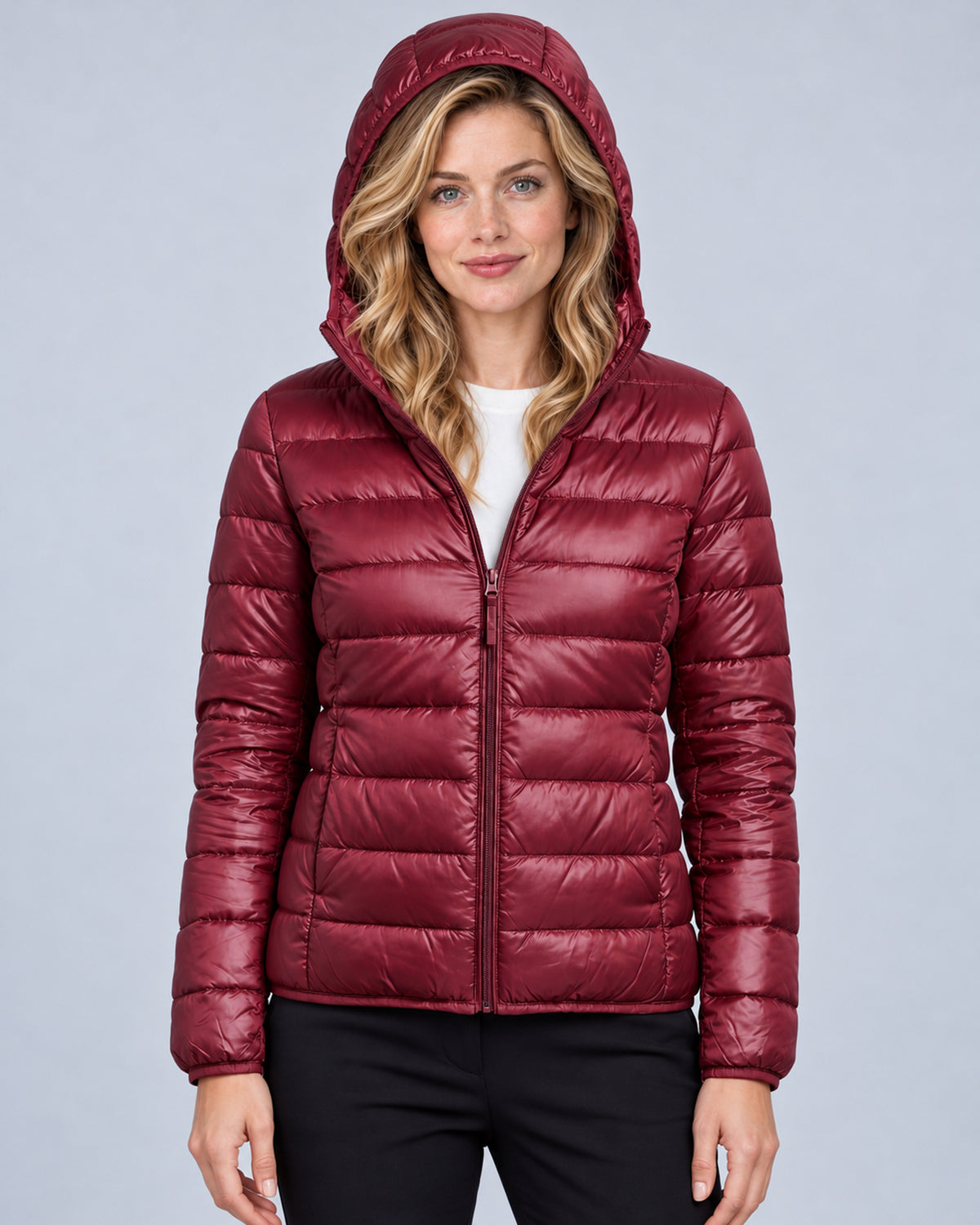 Wine Red women's hooded quilted puffer jacket, front view with hood up