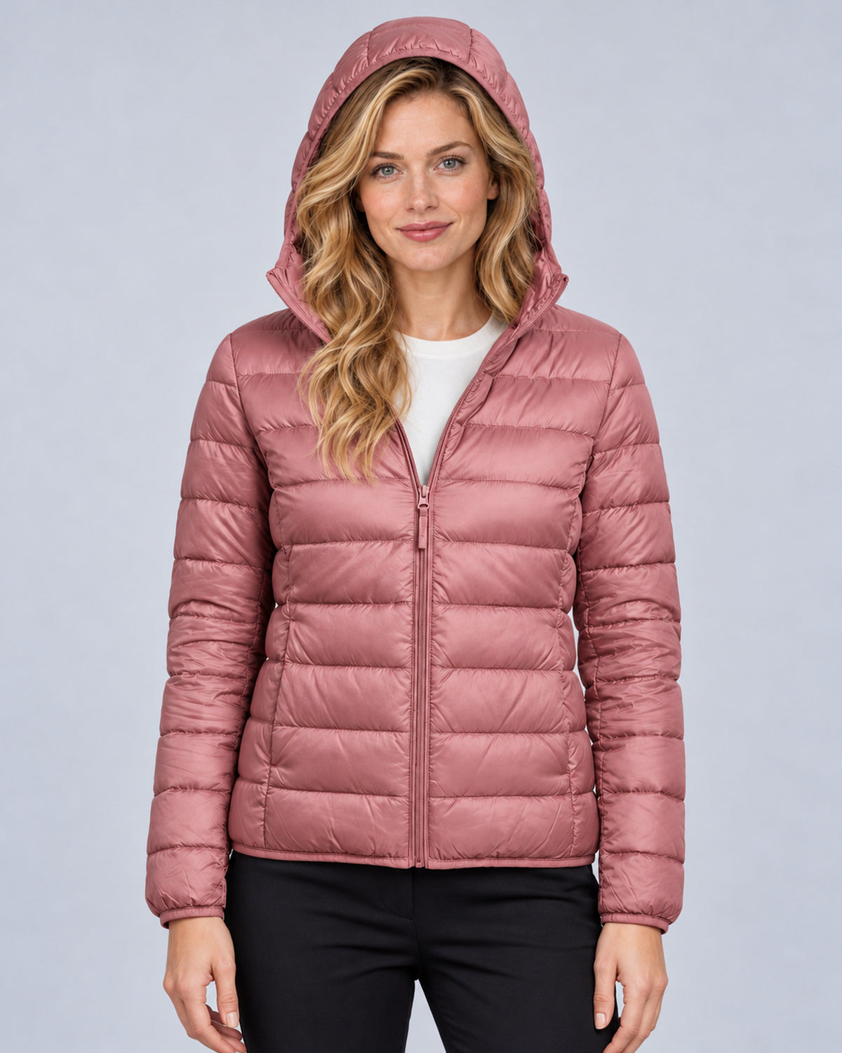 Rose women's hooded quilted puffer jacket, front view with hood up