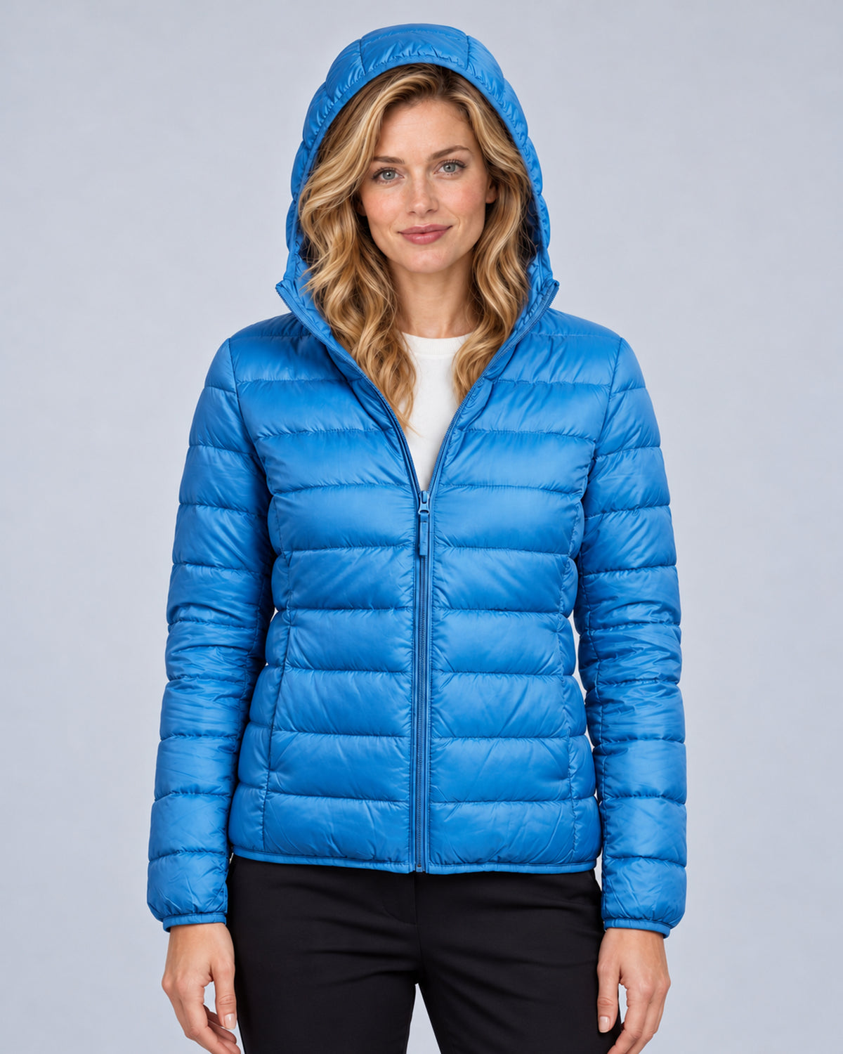 Sky Blue women's hooded quilted puffer jacket, front view with hood up