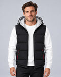 Men's black hooded padded gilet with horizontal quilting, front view on a model.