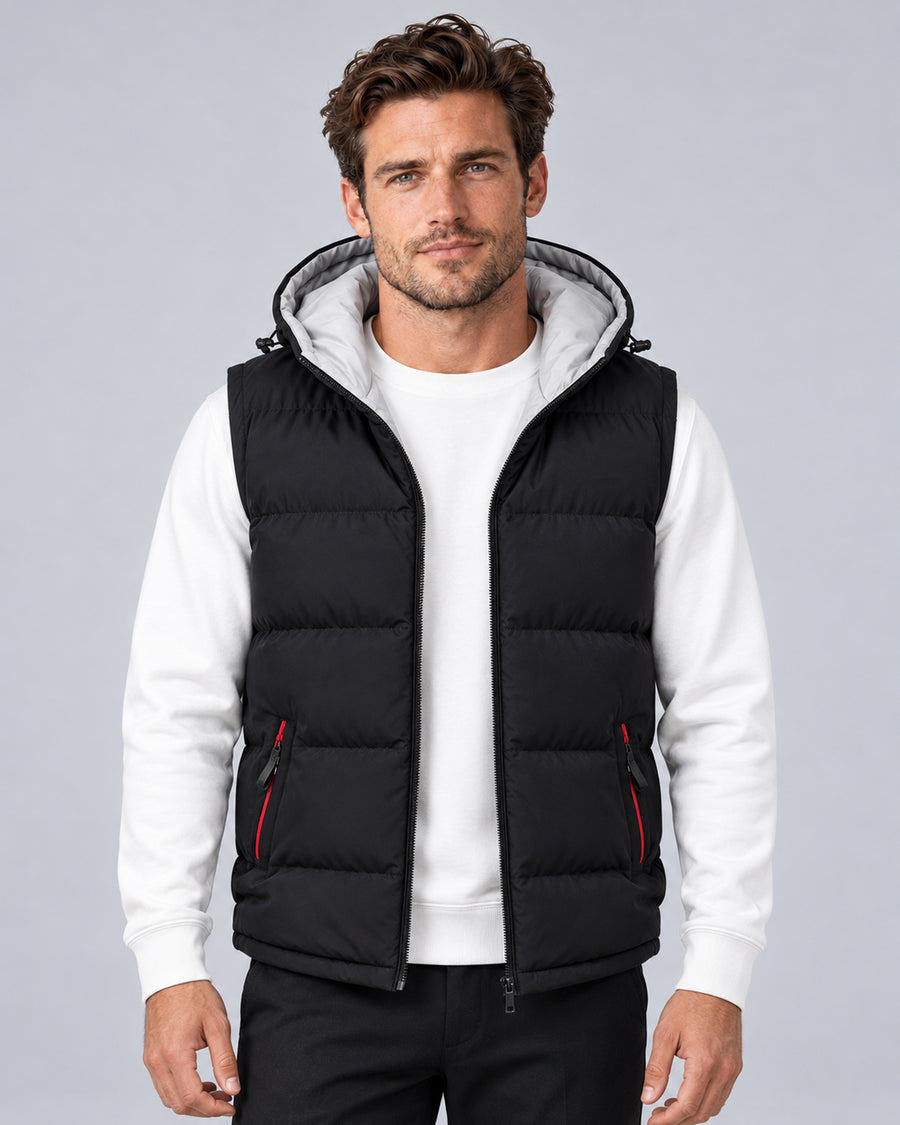 Men's black hooded padded gilet with horizontal quilting, front view on a model.