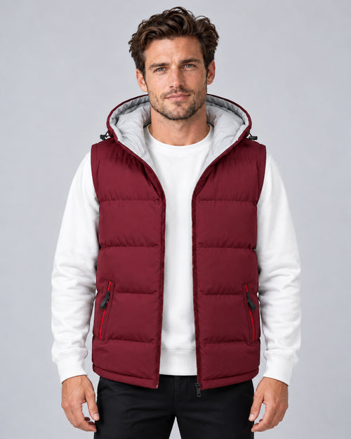 Men's burgundy hooded padded gilet with horizontal quilting, front view on a model.