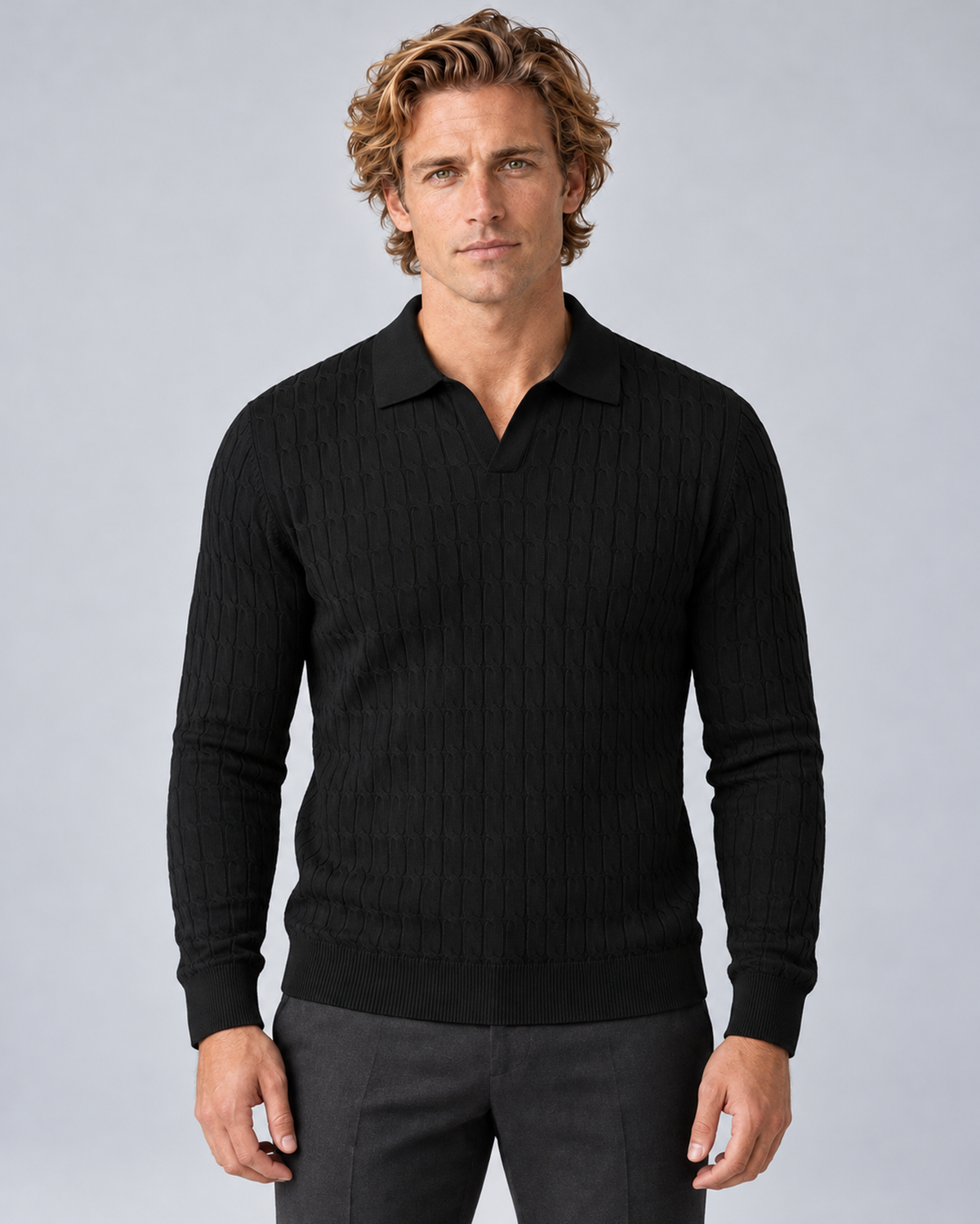 Front view of a black textured long-sleeve polo sweater with a tonal collar and ribbed hem.