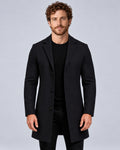 Men’s black tailored overcoat with notch lapels, front view
