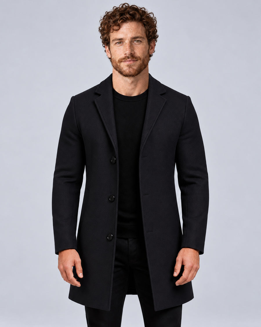 Men’s black tailored overcoat with notch lapels, front view