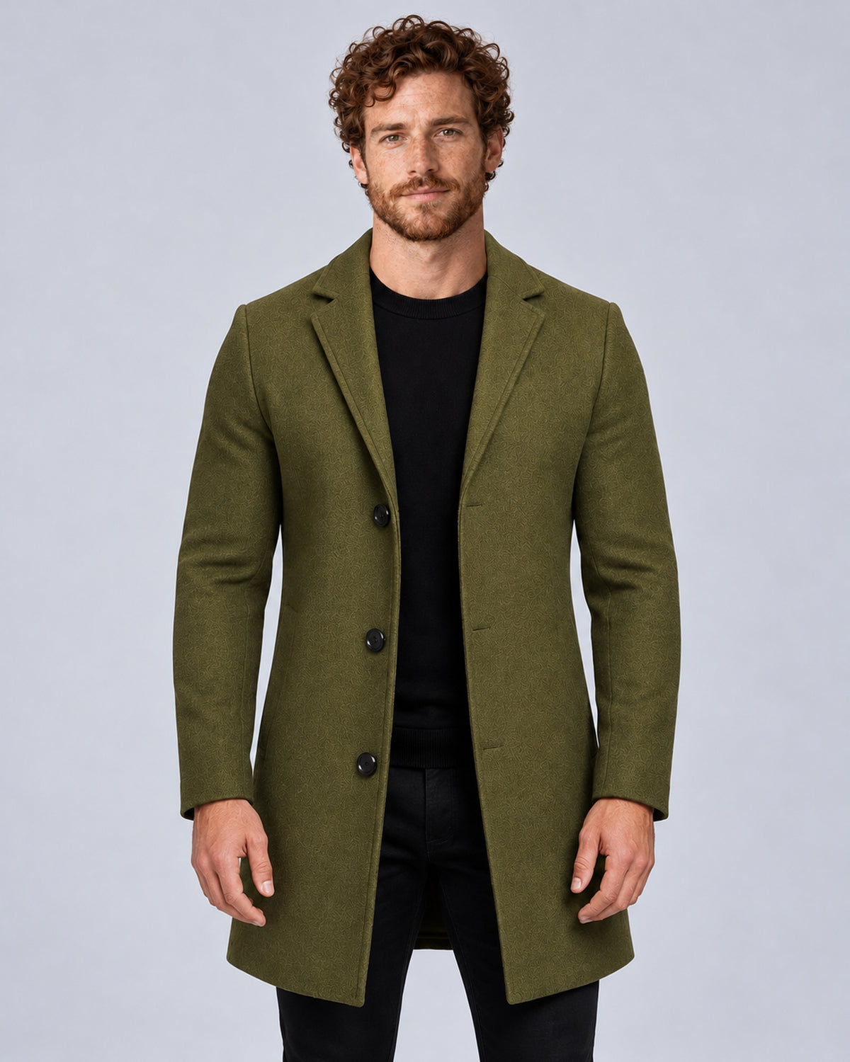 Men’s army green tailored overcoat with notch lapels, front view