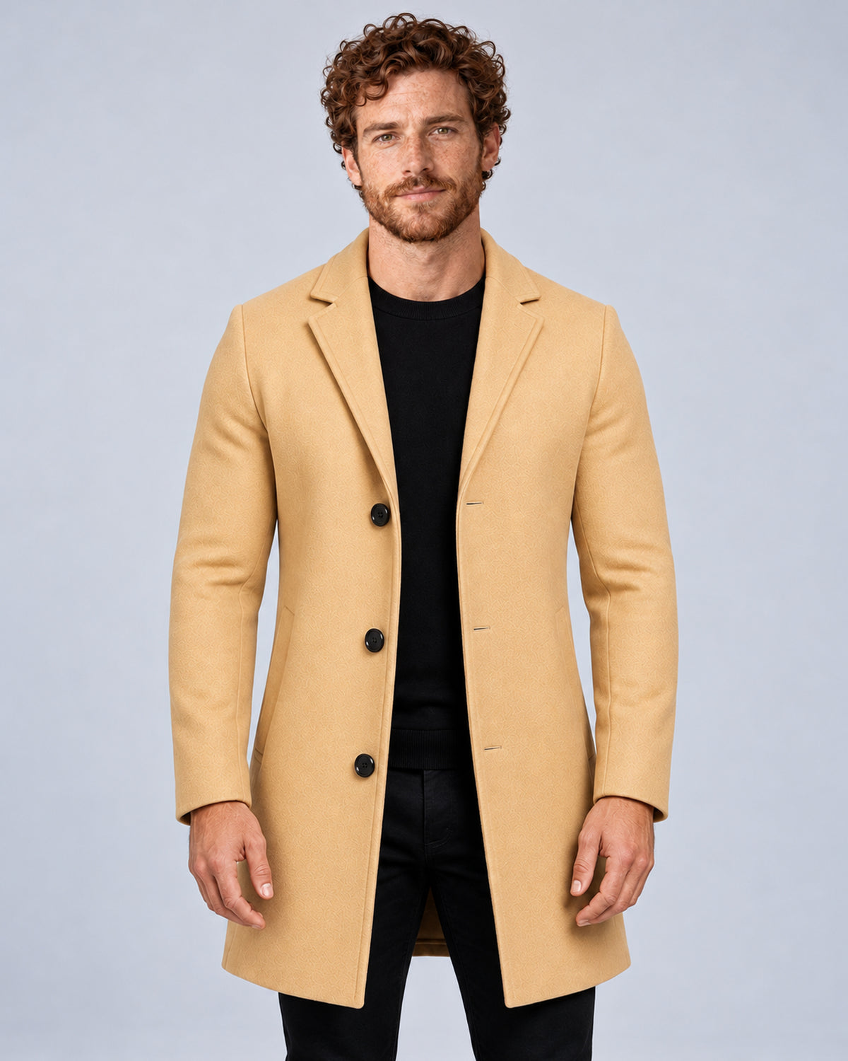 Men’s khaki tailored overcoat with notch lapels, front view